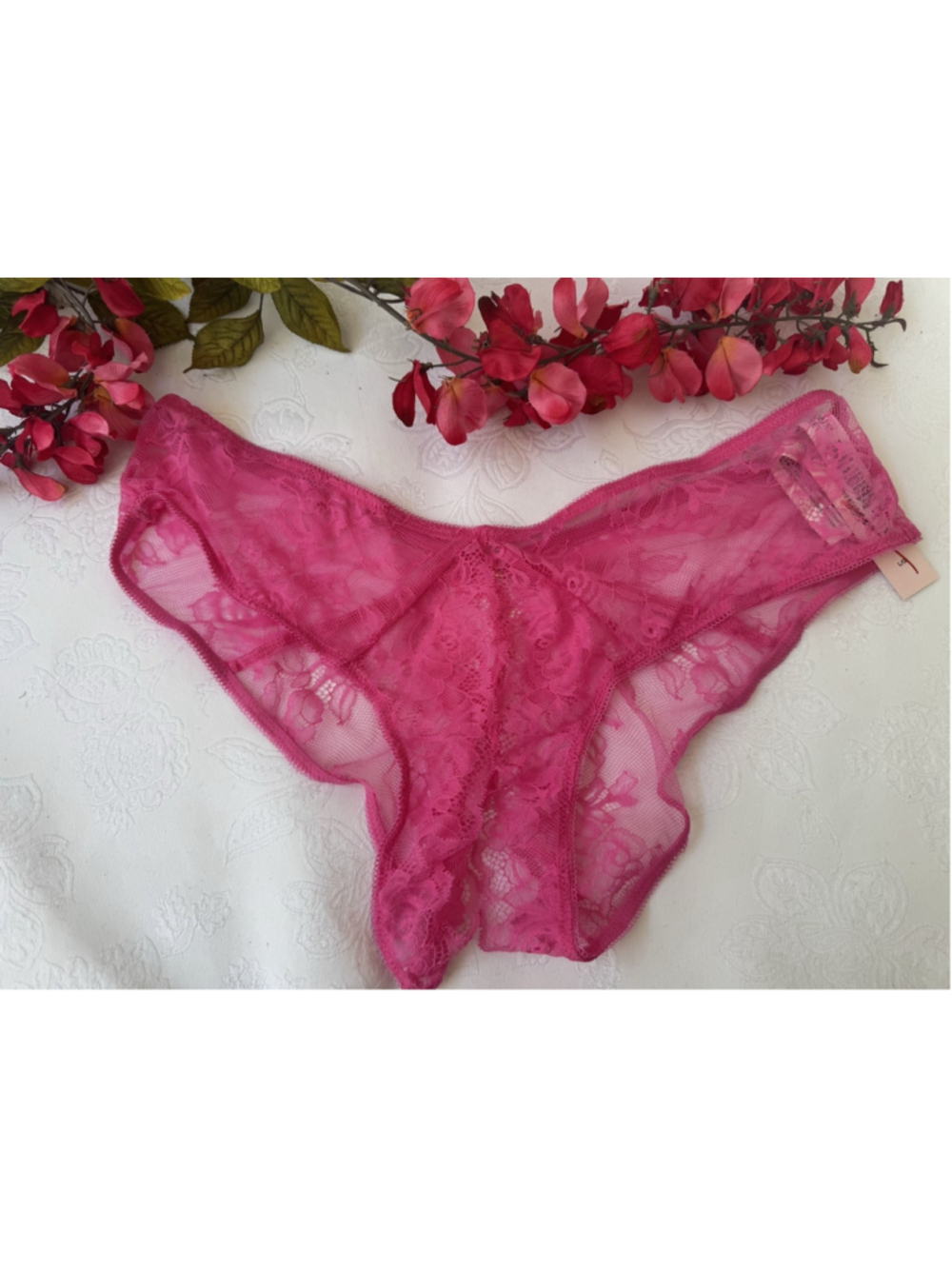 VICTORIA'S SECRET L PINK LACE OPEN BOTTOM HI LEG CHEEKY GOLD O CHARM PANTIES NWT